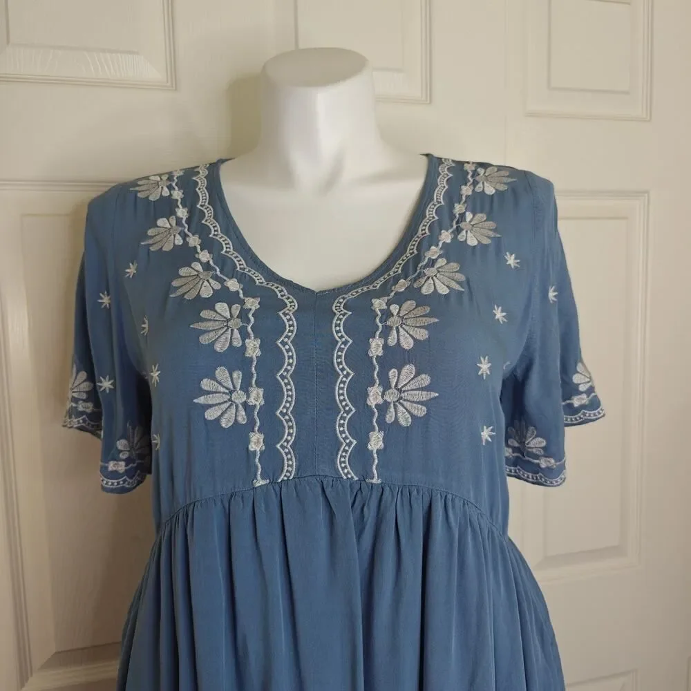 Polagram embroidered floral boho short sleeve dress sz L - Picture 3 of 10